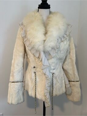 Vintage Real Fur Mowtaly Cream White Fox & Rabbit Fur Jacket S Y2K Boho Western